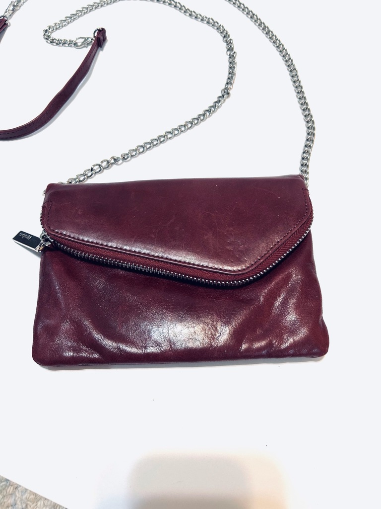 Chain-Strap Crossbody/Wristlette/Clutch Hobo Bag In Burgundy Leather